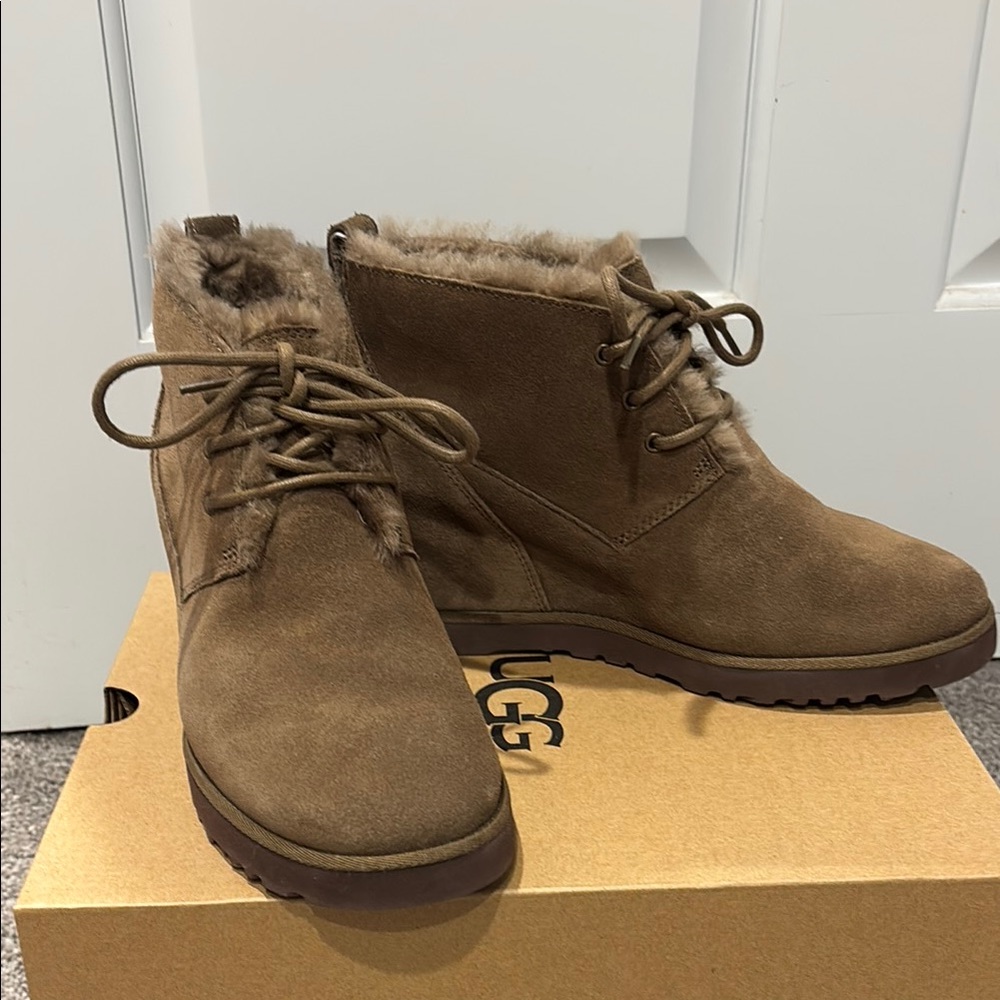 UGG Brown Suede Lace-Up Ankle Booties with Shearling Trim